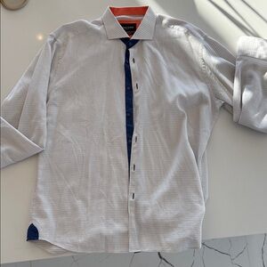 Men's White and Blue Casual Button Down Shirt